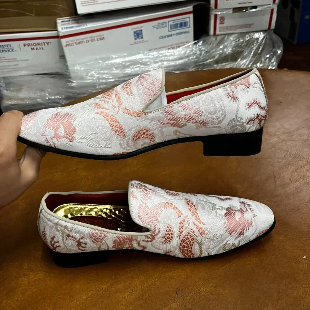 Santimon Men's US 7 - 12.5 Pink‎ Casual Embroidery Smoking Loafers Dress Shoes